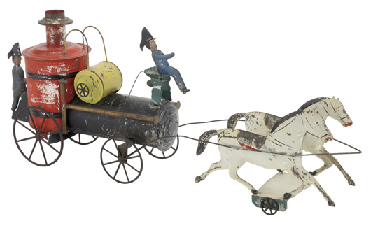 Fallows horse-drawn painted-tin fire pumper, $18,400. Noel Barrett Auctions image.